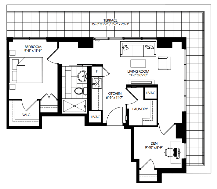 floorplan for Viva Leaside 1 bedroo + den suite